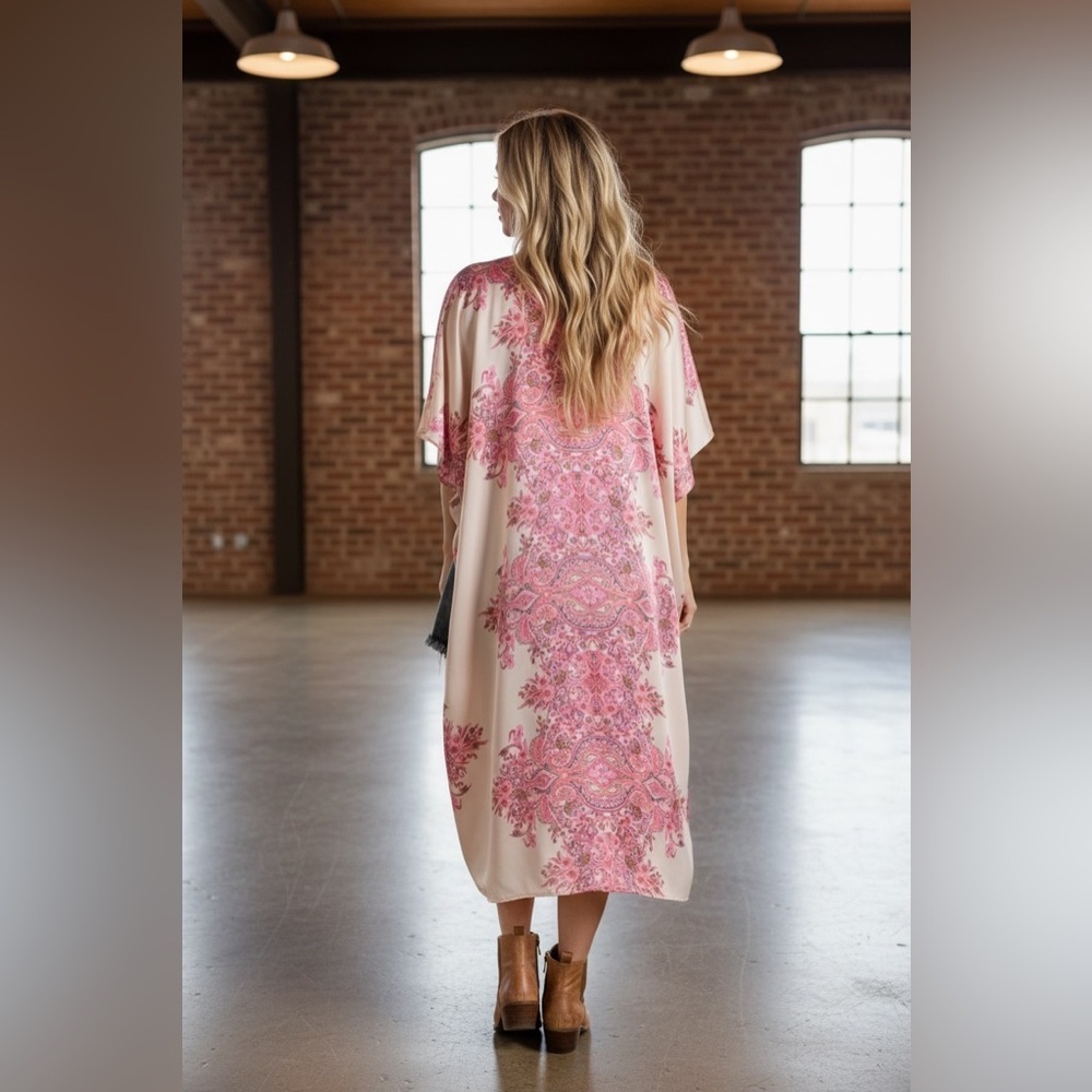 NWT UMGEE Floral Print Boho Silky Kimono Duster Coverup Cream - Picture 5 of 6